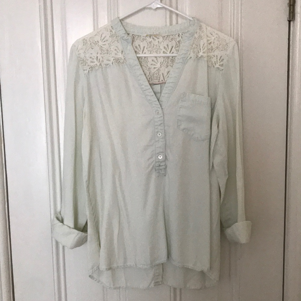 Chambray Blouse with Lace Detail